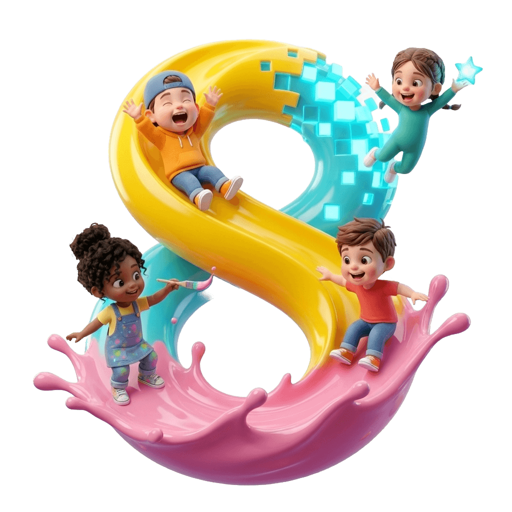 Three kids flying on a magic paintbrush