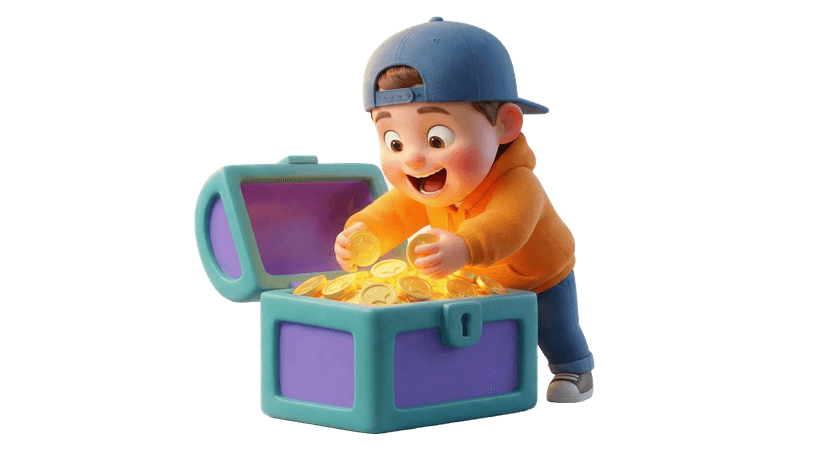 Boy opening treasure chest of credits