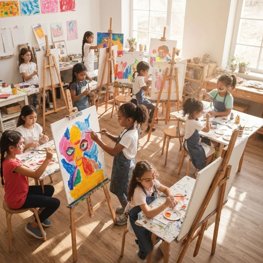 Kids engaged in creative arts activities like painting and crafts